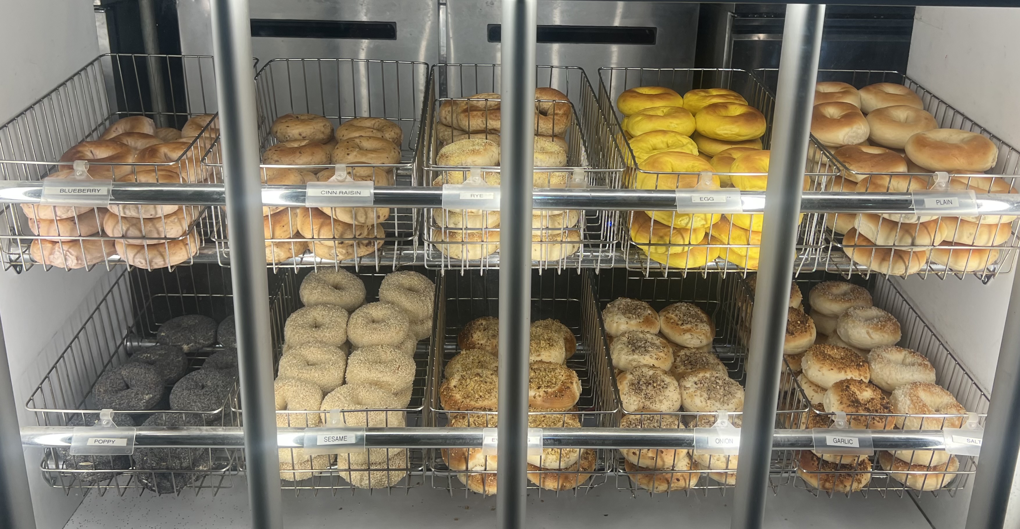 BagelBoyz fresh bagel display — blueberry, cinnamon raisin, rye, egg, sesame, everything, onion, garlic and more